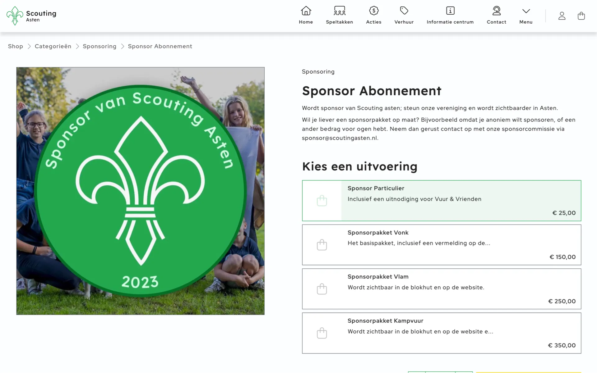 De sponsor verkoop pagina van Scouting Asten