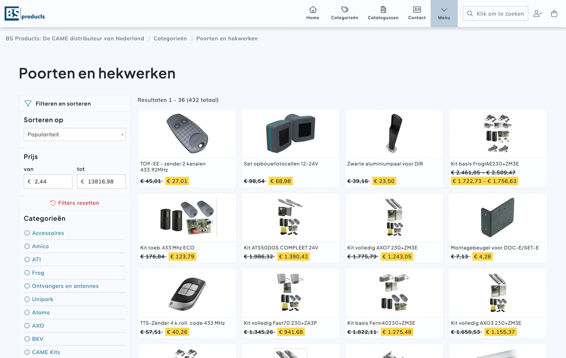 Een overzichtspagina met een filter menu en product kaarten