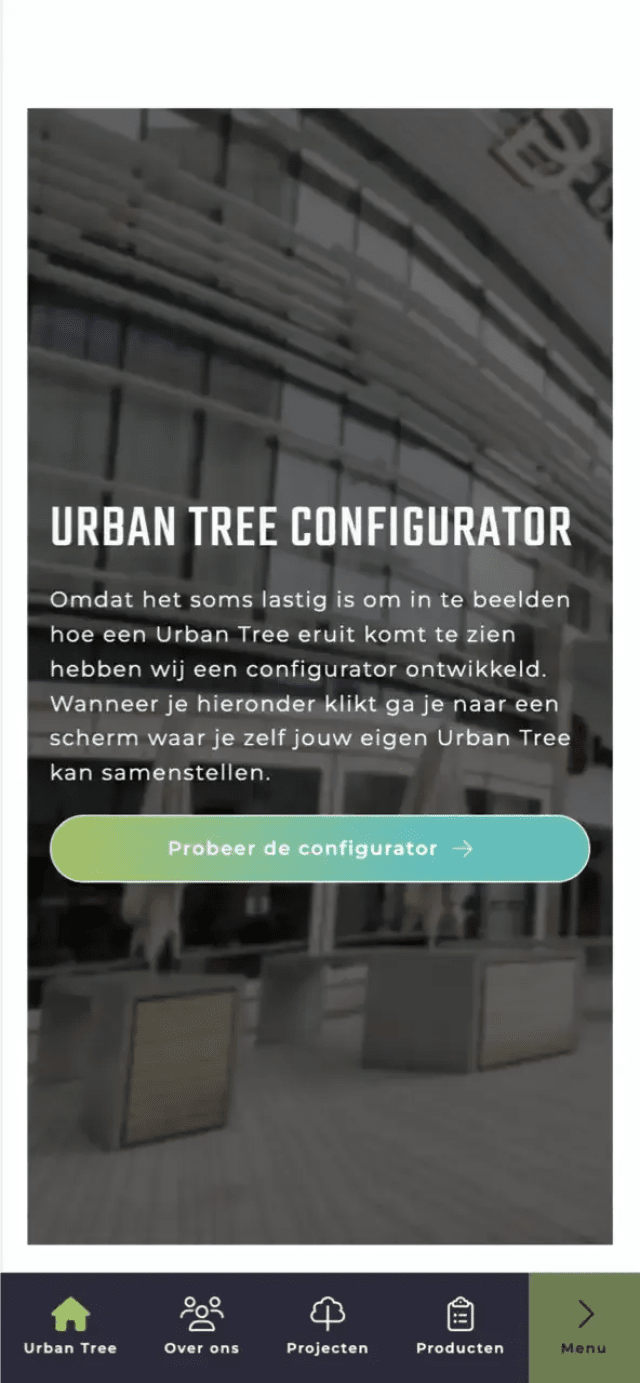 Een grote banner promoot de configurator op de website van Urban Tree