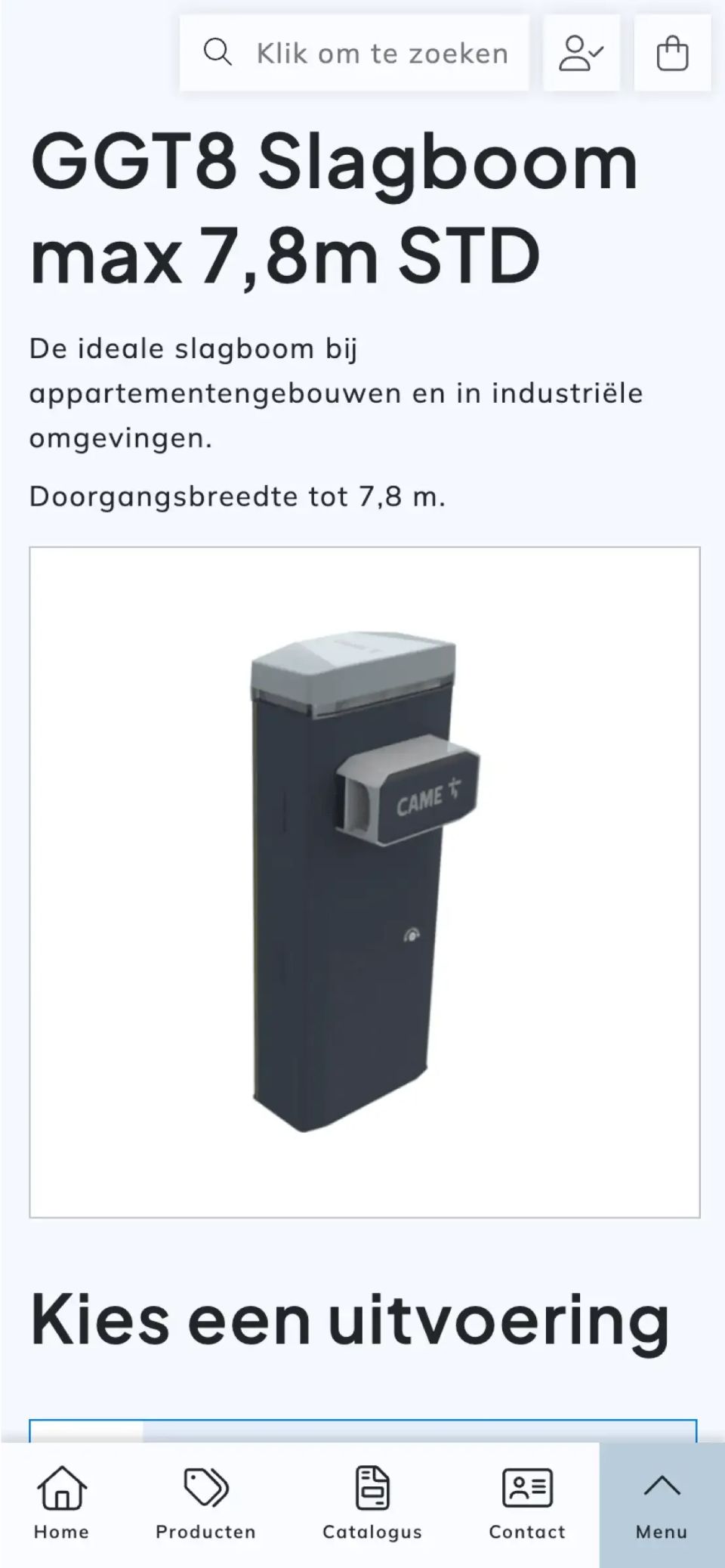 De productpagina van de CAME GGT8 slaboom op de BS Products website