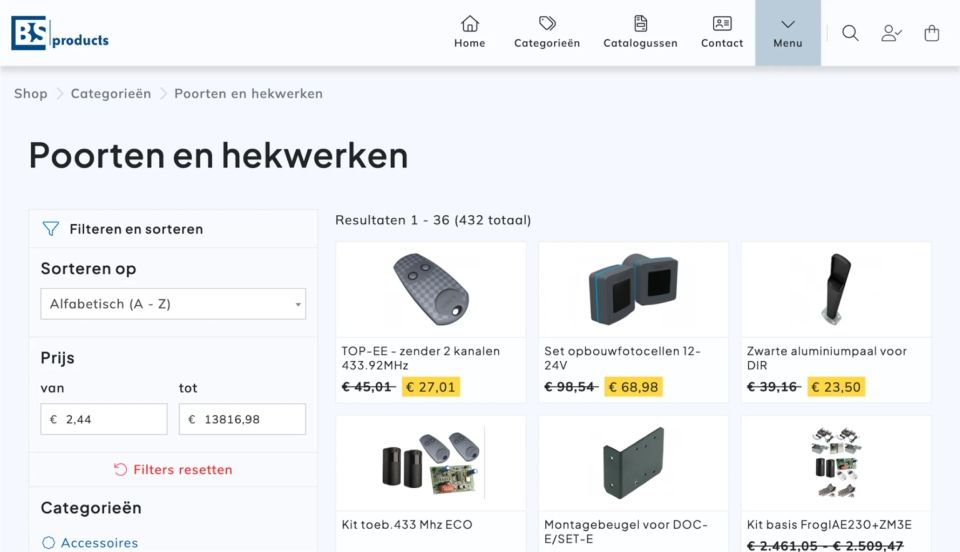 Het productoverzicht van BS Products met links filters en rechts producten
