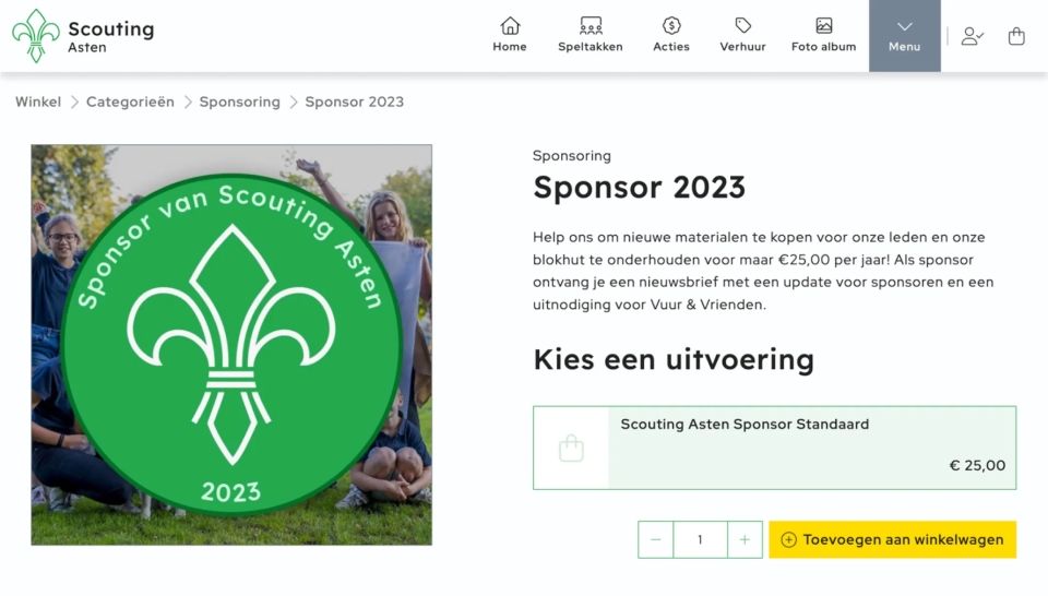Een productpagina op de website van Scouting Asten