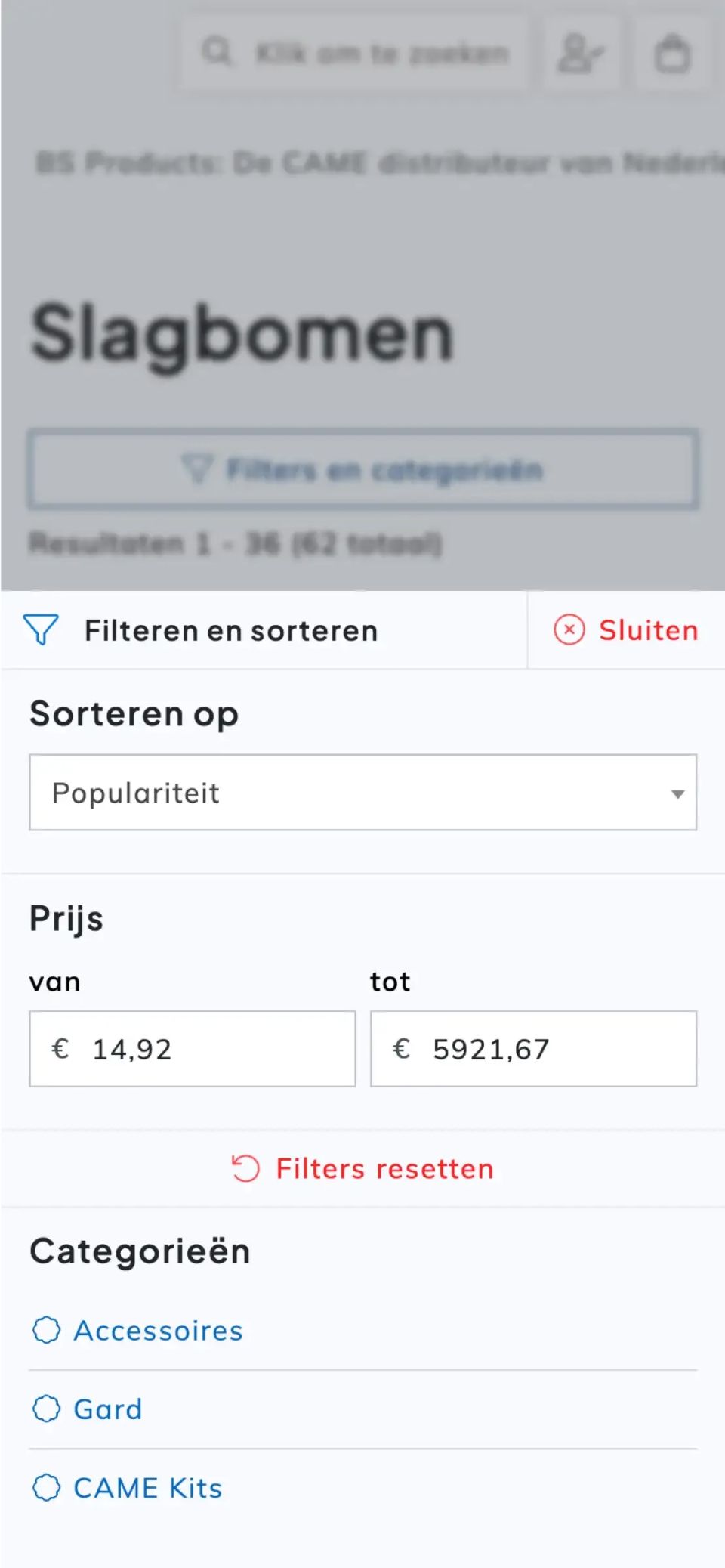 Het filter menu op de website van BS Products