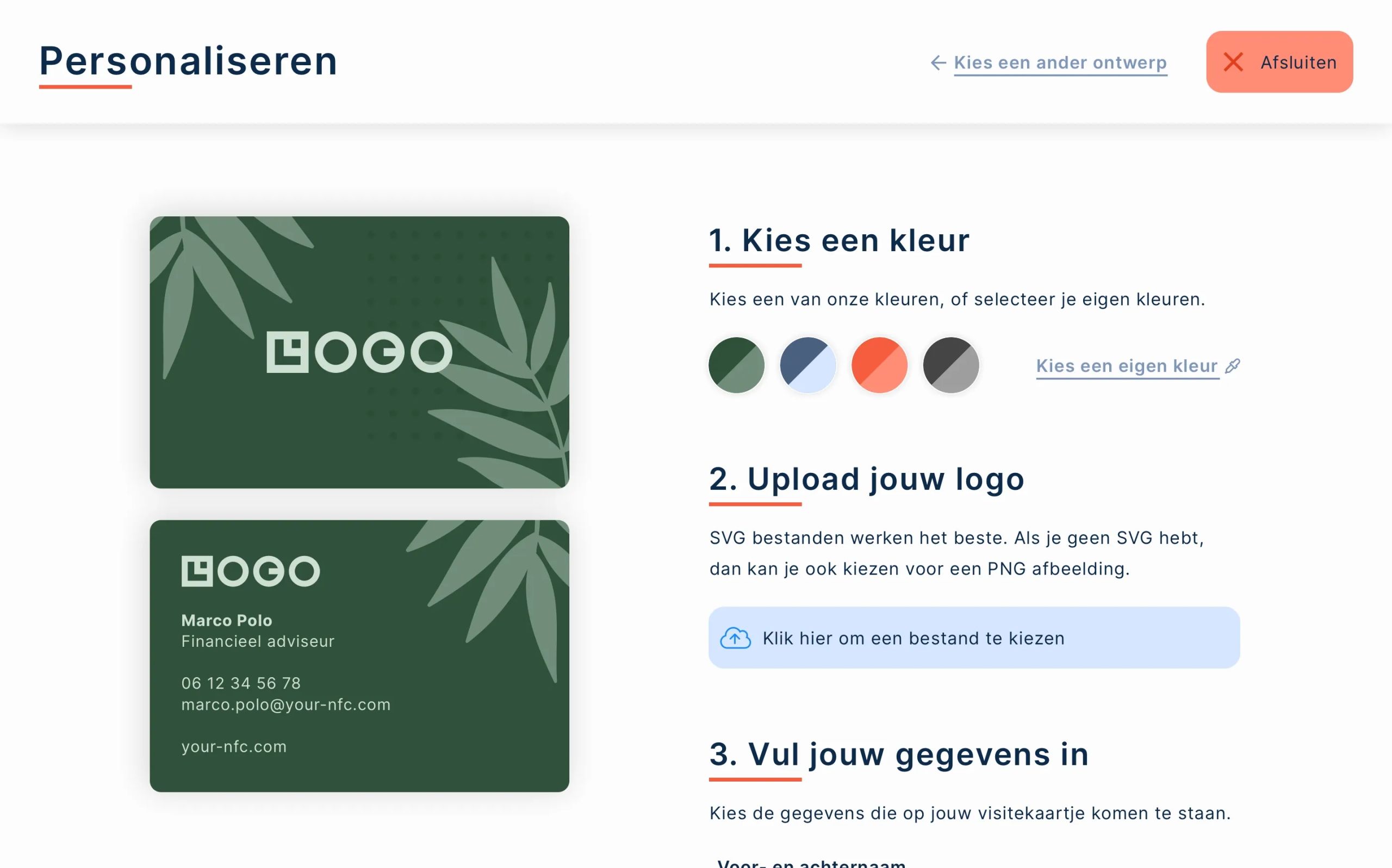 De visitekaartjes bouwer op de website van YourNFC