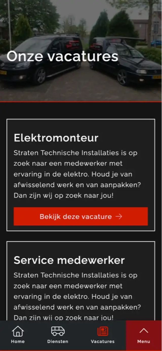 Het vacatureoverzicht op de website van Straten Technische Installaties