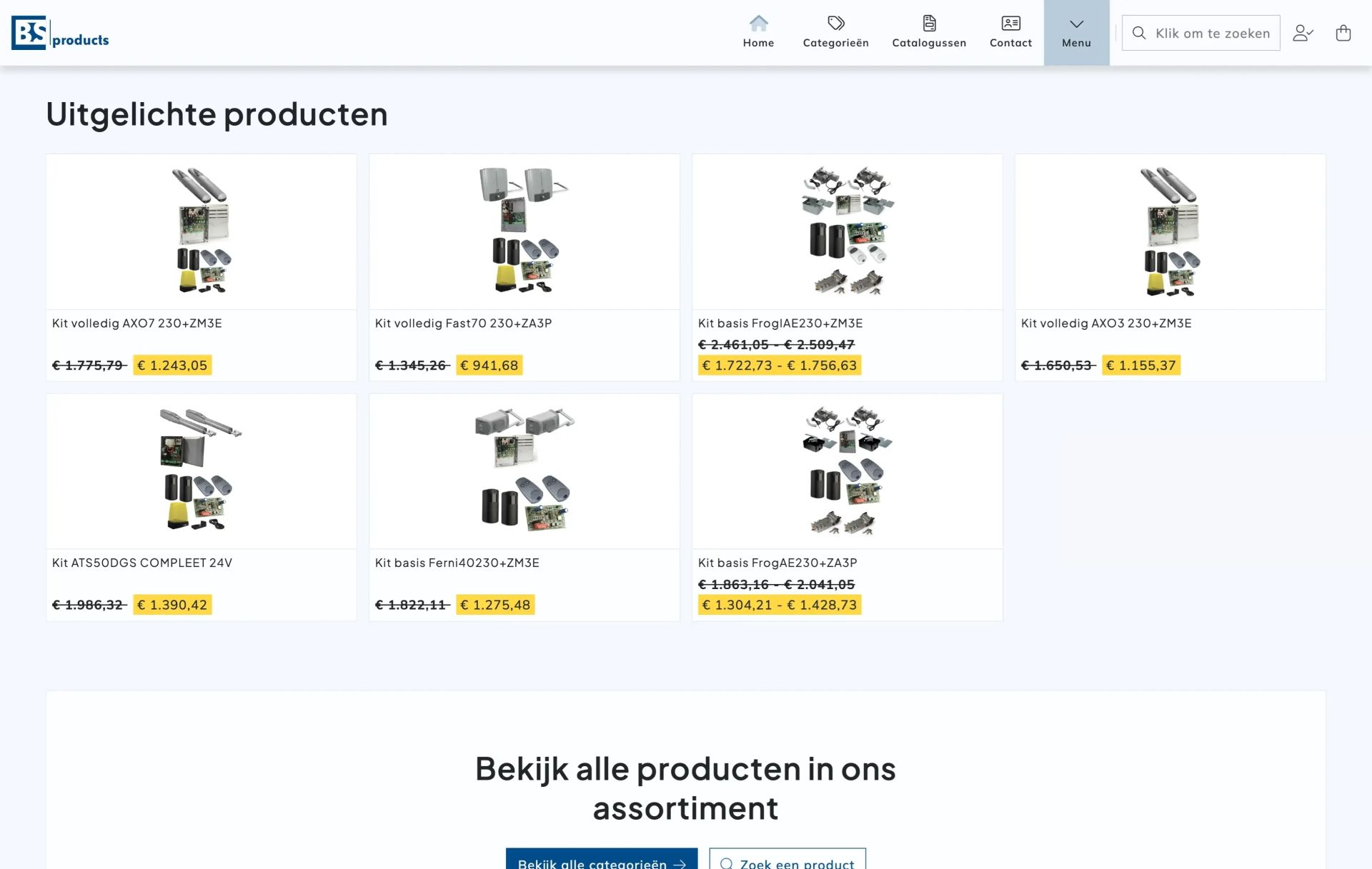 Een deel van de homepagina van BS Products met uitgelichte producten